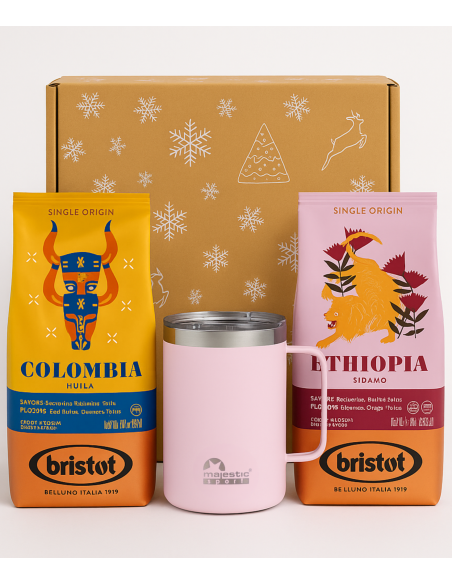 Zestaw świąteczny - kawa ziarnista Bristot Colombia + Bristot Ethiopia + kubek termiczny Gump różowy