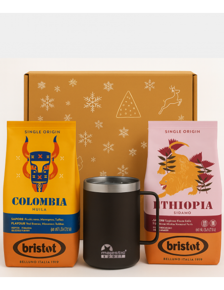 Zestaw świąteczny - kawa ziarnista Bristot Colombia + Bristot Ethiopia + kubek termiczny Gump czarny
