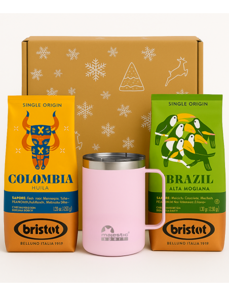 Zestaw świąteczny - kawa ziarnista Bristot Colombia + Bristot Brazil + kubek termiczny Gump różowy