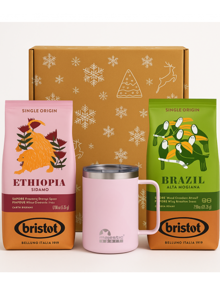 Zestaw świąteczny - kawa ziarnista Bristot Ethopia + Bristot Brazil + kubek termiczny Gump różowy