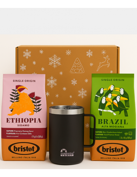 Zestaw świąteczny - kawa ziarnista Bristot Ethopia + Bristot Brazil + kubek termiczny Gump czarny